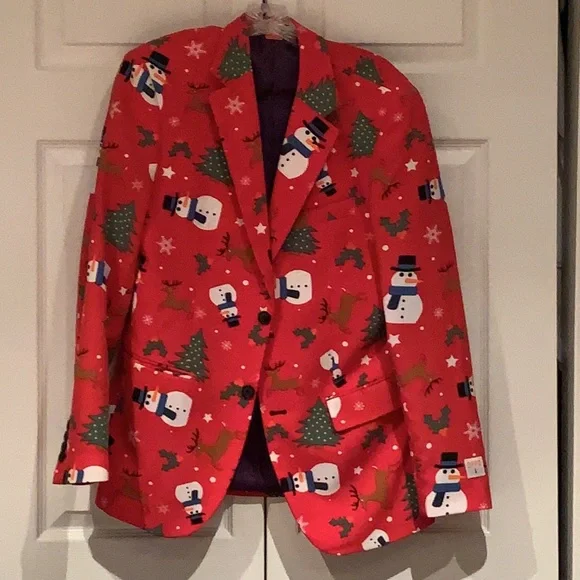 OppoSuits Red Christmas Suit with Snowman and Tree Design - Picture 1 of 10